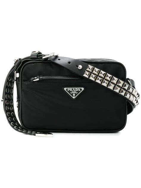 prada women's leather fringe straps studded idol shoulder bag black|Prada galleria leather bag.